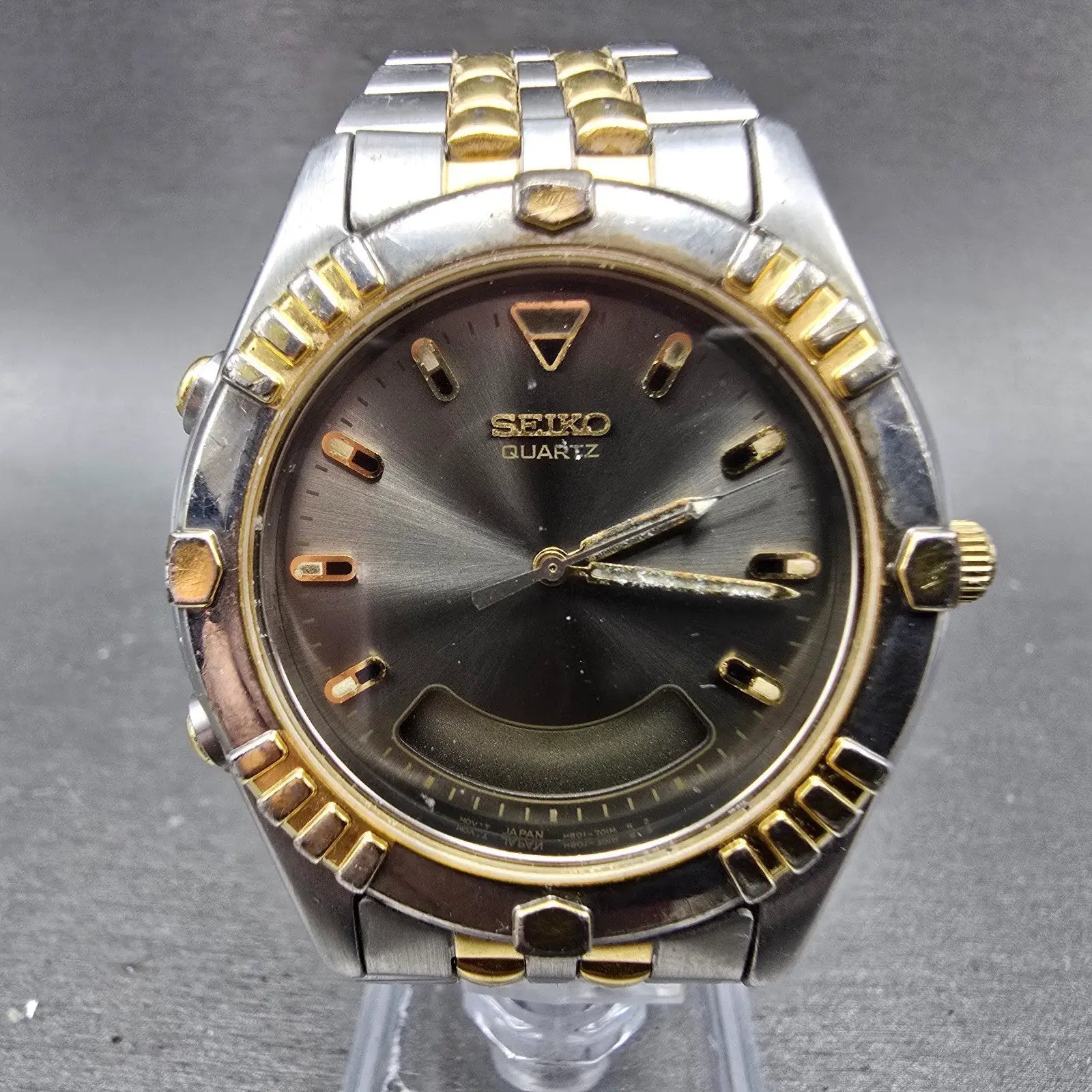 Seiko Ani Digi Watch Men 38mm Black Dial Two Tone Chrono Alarm H801-7038 PARTS0