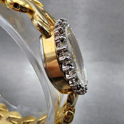 Gruen Watch Women 17mm White Dial Gold Oval Diamond & Gem Bezel New Battery3