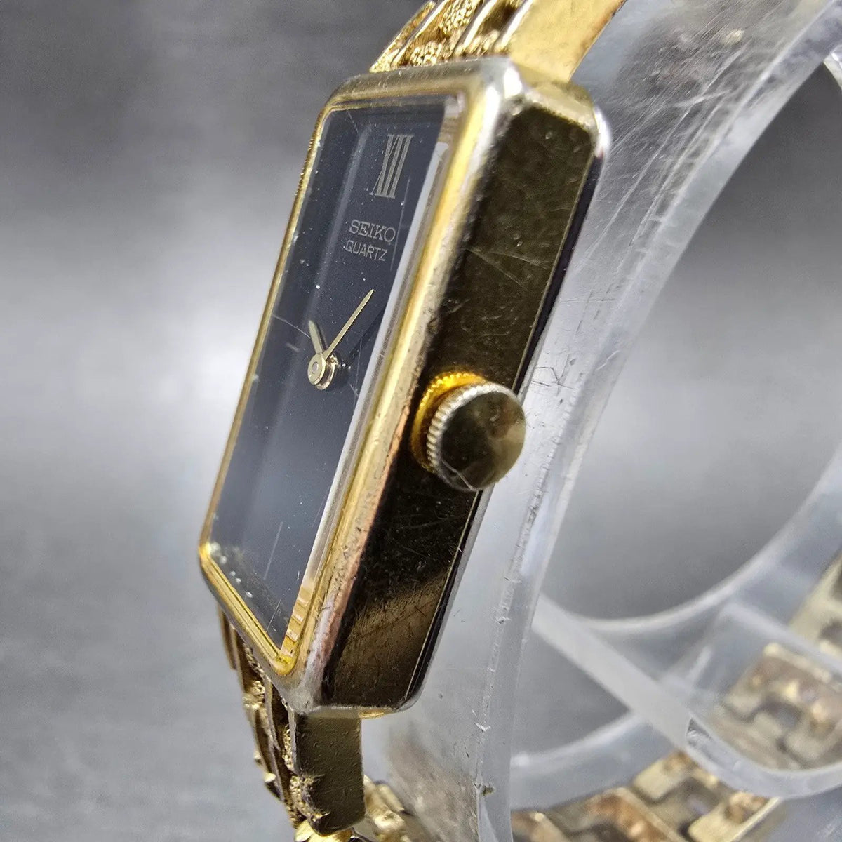 Seiko Tank Watch Women 13mm Black Dial Gold Rectangle 1320-5249 New Battery JP2