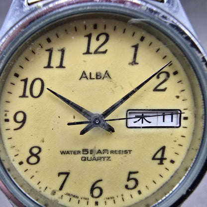 Seiko Alba Watch Men 34mm Luminous Dial Silver Tone Daydate V743-7A00 PARTS VTG2