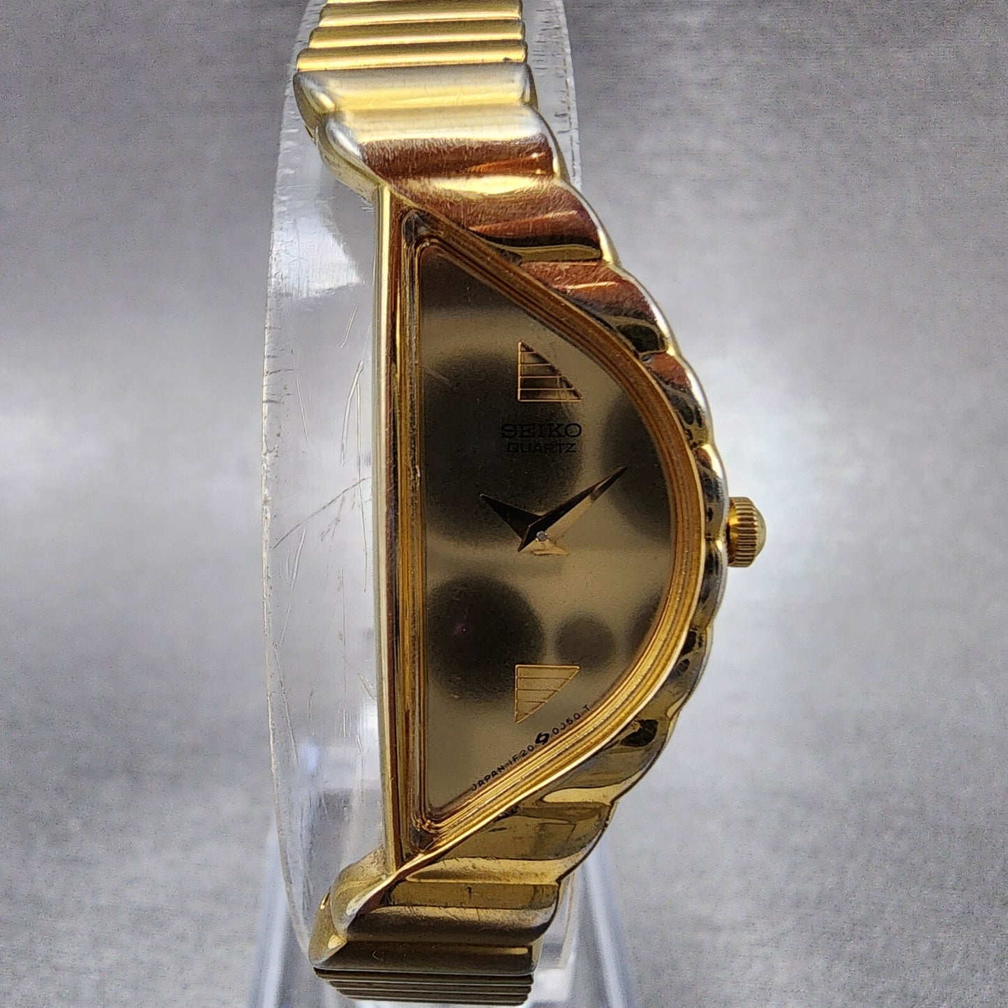 Seiko Halfmoon Watch Women 14mm Gold Dial Gold Tone Asymmetrical New Battery1
