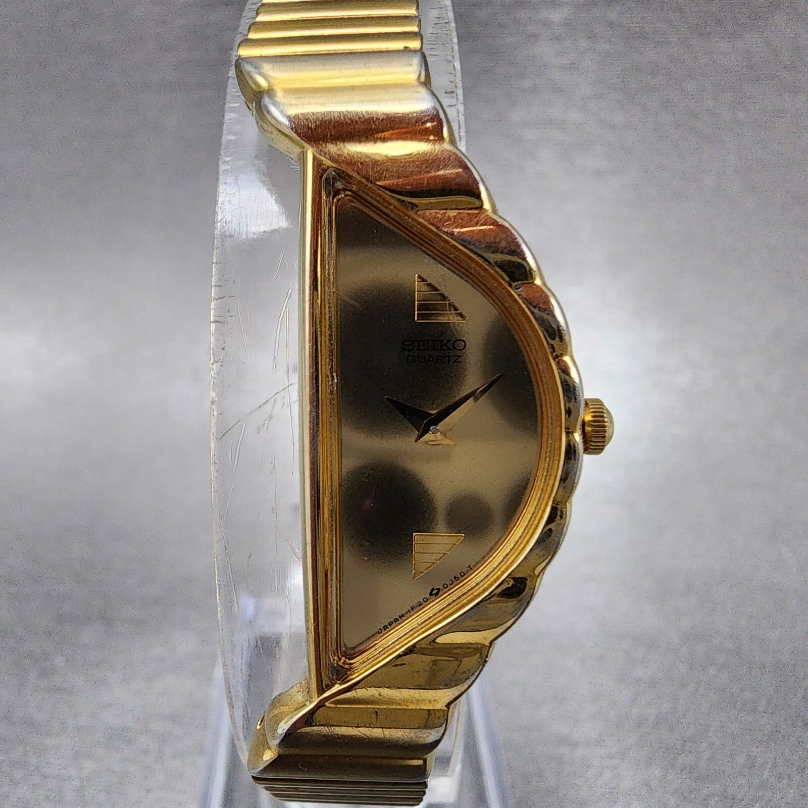 Seiko Halfmoon Watch Women 14mm Gold Dial Gold Tone Asymmetrical New Battery1