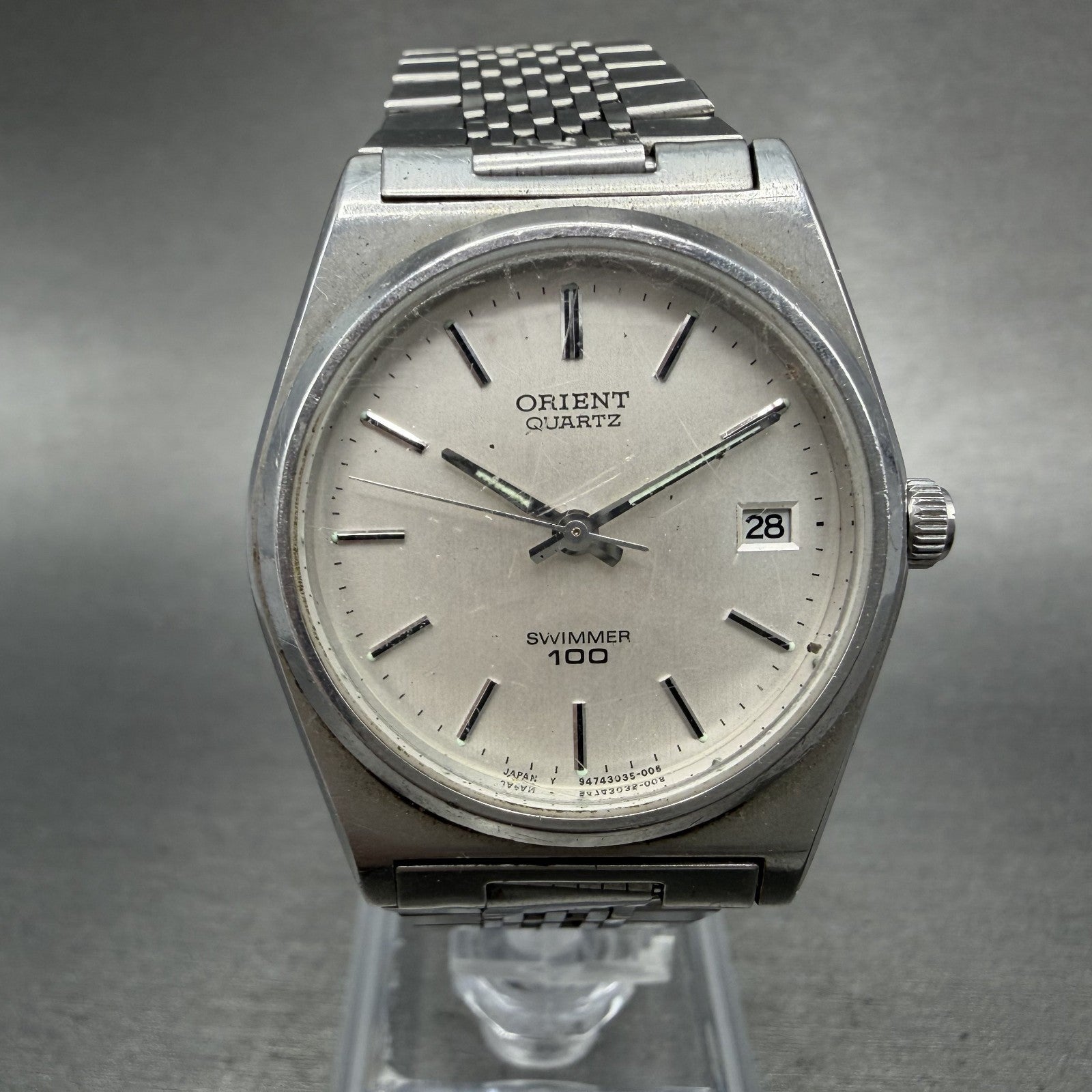Orient Swimmer Watch Men 32mm Silver Dial Silver Tone Date Round New Battery0