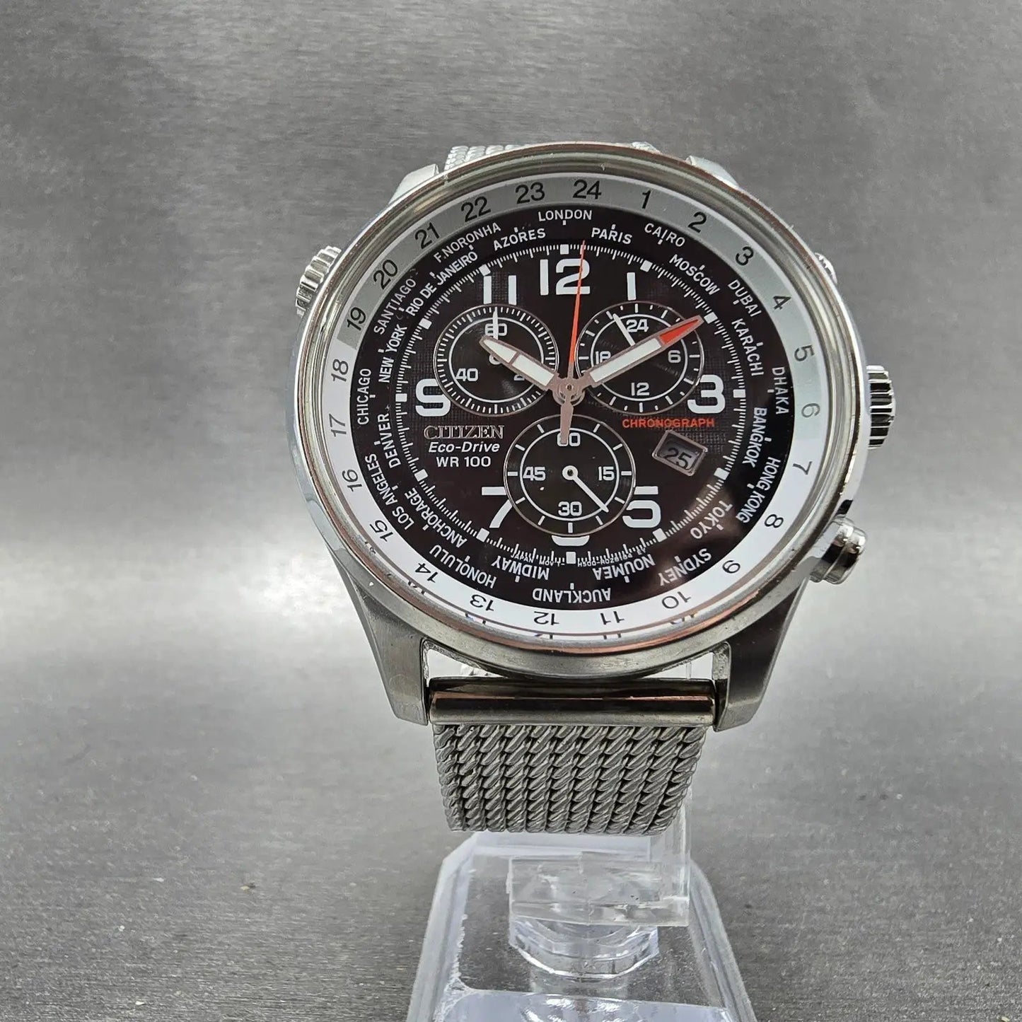 Citizen Eco-Drive World Timer Watch Men 43mm Black Dial Silver Tone Chrono Runs5