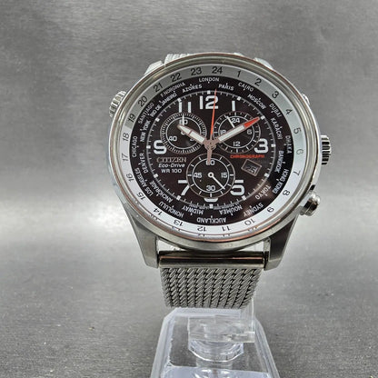Citizen Eco-Drive World Timer Watch Men 43mm Black Dial Silver Tone Chrono Runs5