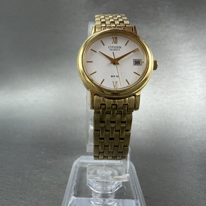 Citizen Watch Women 23mm White Dial Gold Tone Date Round 1012-S038561 New Batt5
