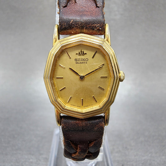 Seiko Watch Women 20mm Champagne Dial Gold Tone Oval 1n005h80 New Battery0