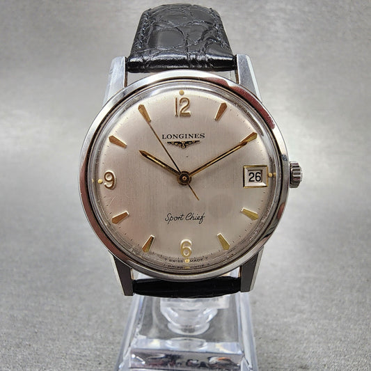Longines Sport Chief Watch Men 34mm Champagne Dial Steel Date Round Manual Wind