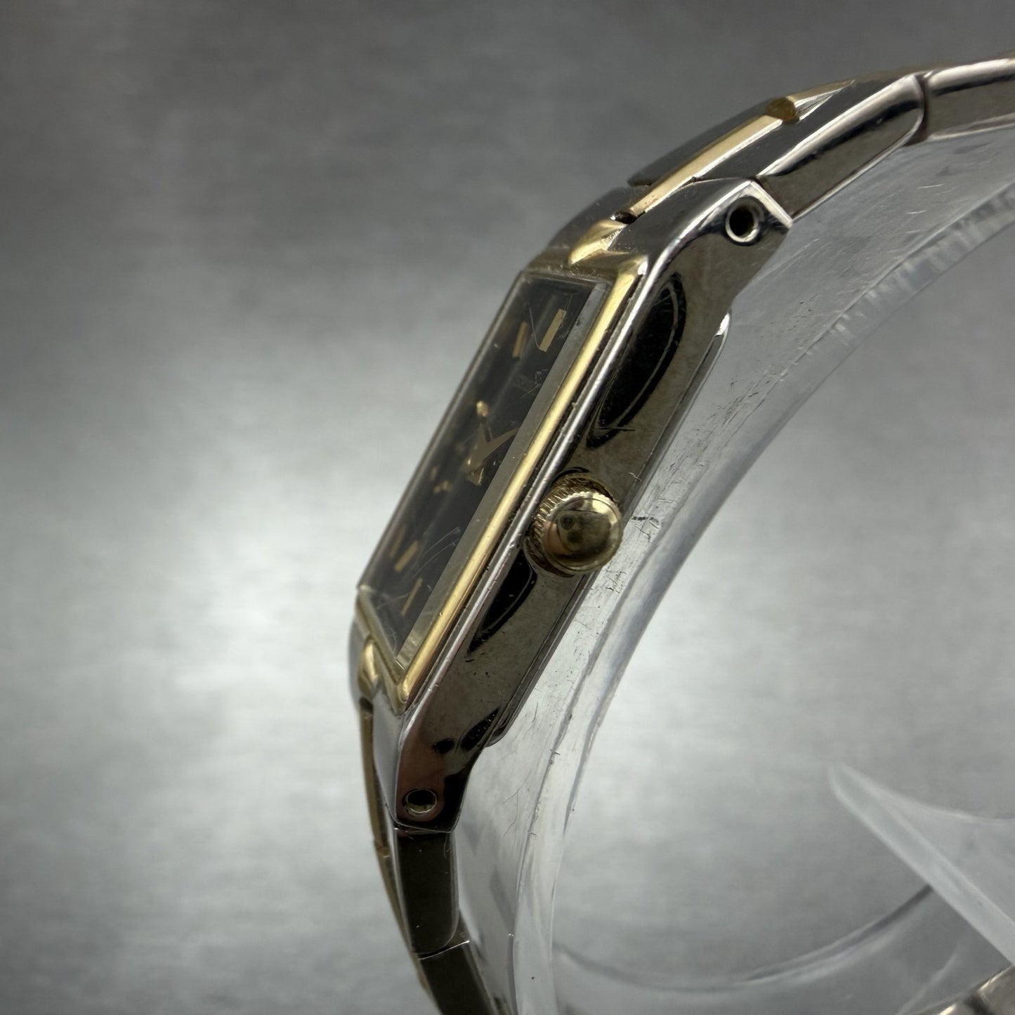 Seiko Tank Watch Women 13mm Black Dial Two Tone Rectangle 2E20-0AY0 New Batt II62
