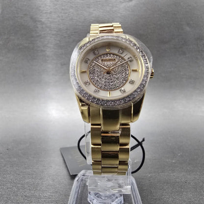 Bulova Watch Women 24mm MOP Dial Gold Tone Round Crystal Bezel 98L315 New batt6