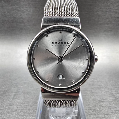 Skagen Watch Women 26mm Silver Dial Silver Tone Date Round 355SSS1 New Battery J0