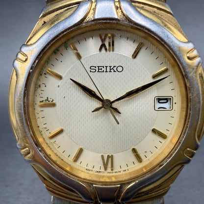 Seiko Watch Men 37mm White Dial Gold Date Round Vintage 7N42-0BD0 PARTS2