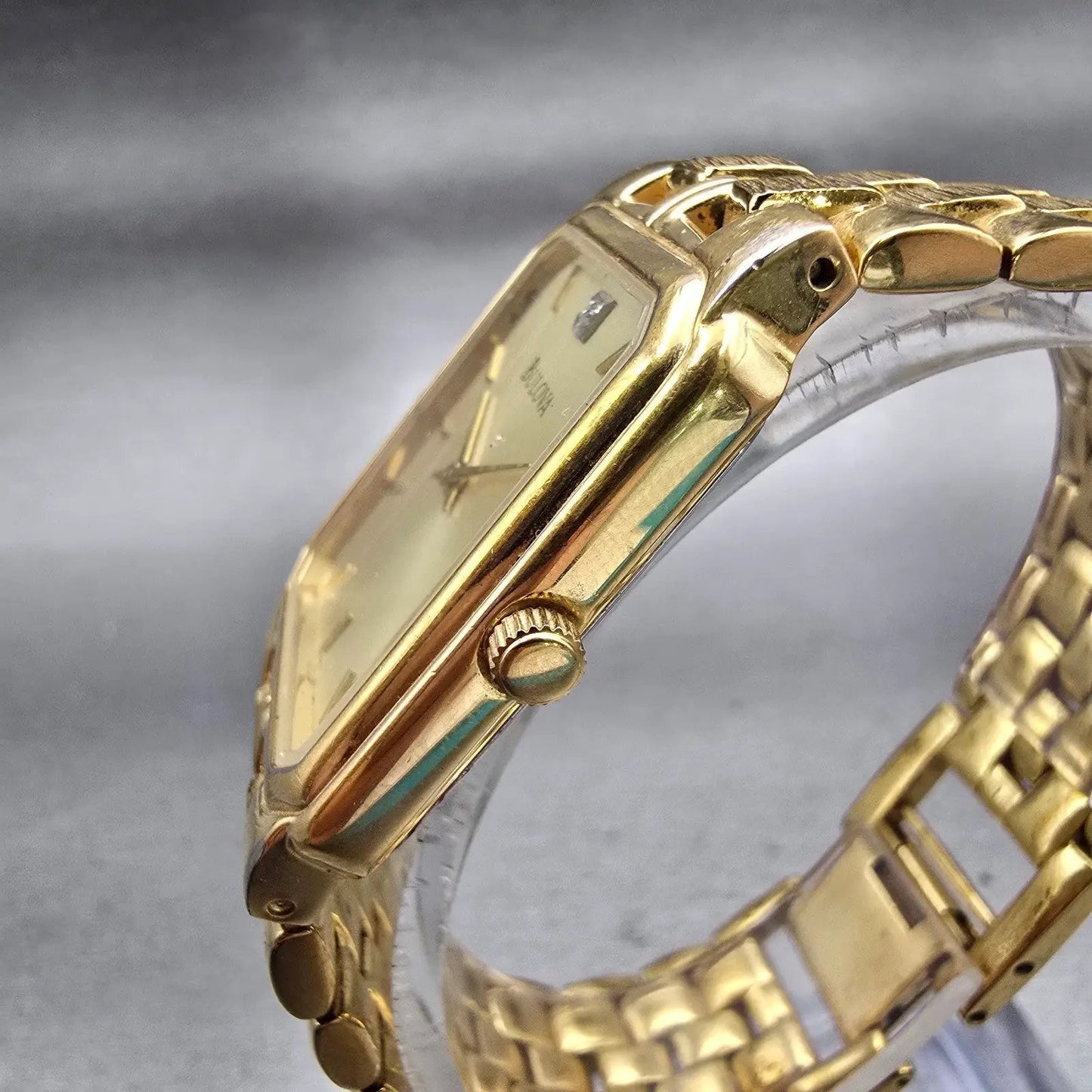 Bulova Watch Men 27mm Champagne Dial Gold Tone Rectangle New Battery Vintage2