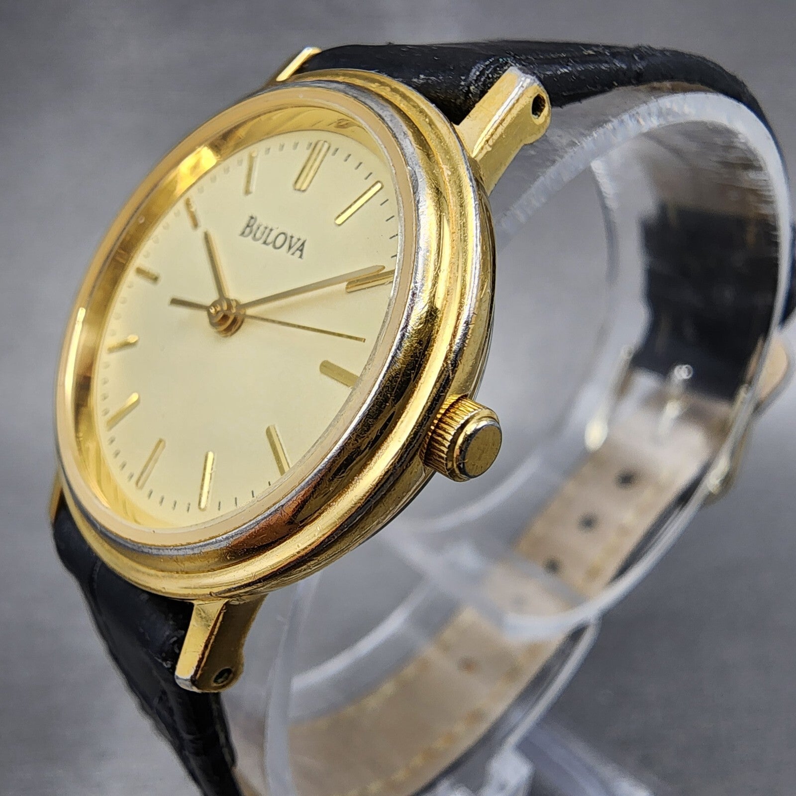 VTG Bulova Watch Women 26mm Gold Dial Gold Tone Round Leather Band New Battery2