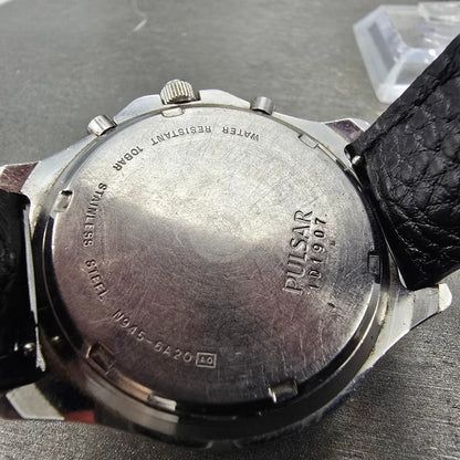 Seiko Pulsar Chronograph Watch Men 41mm Black Dial Silver Alarm Date N945 NewBat11