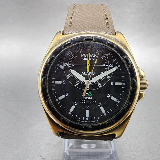 Pulsar Watch Men 38mm Black Dial Gold Tone Alarm Round Y9778A00 New Battery0
