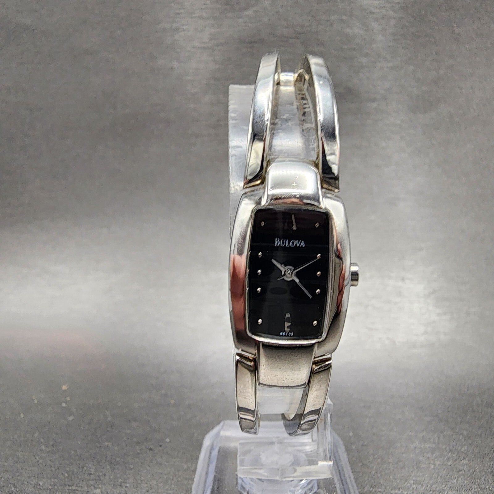 Bulova Tank Watch Women 17mm Black Dial Steel Rectangle 96T03 New Battery0
