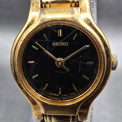 Seiko Watch Women 19mm Black Dial Gold Round V401-0289 New Battery Vintage JP561