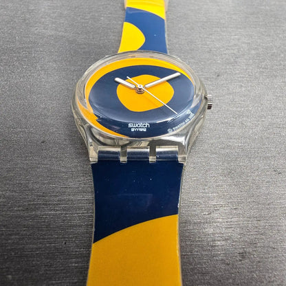 Swatch Kymata Watch Men 34mm Blue Dial Clear Case Round GE148 New Battery6