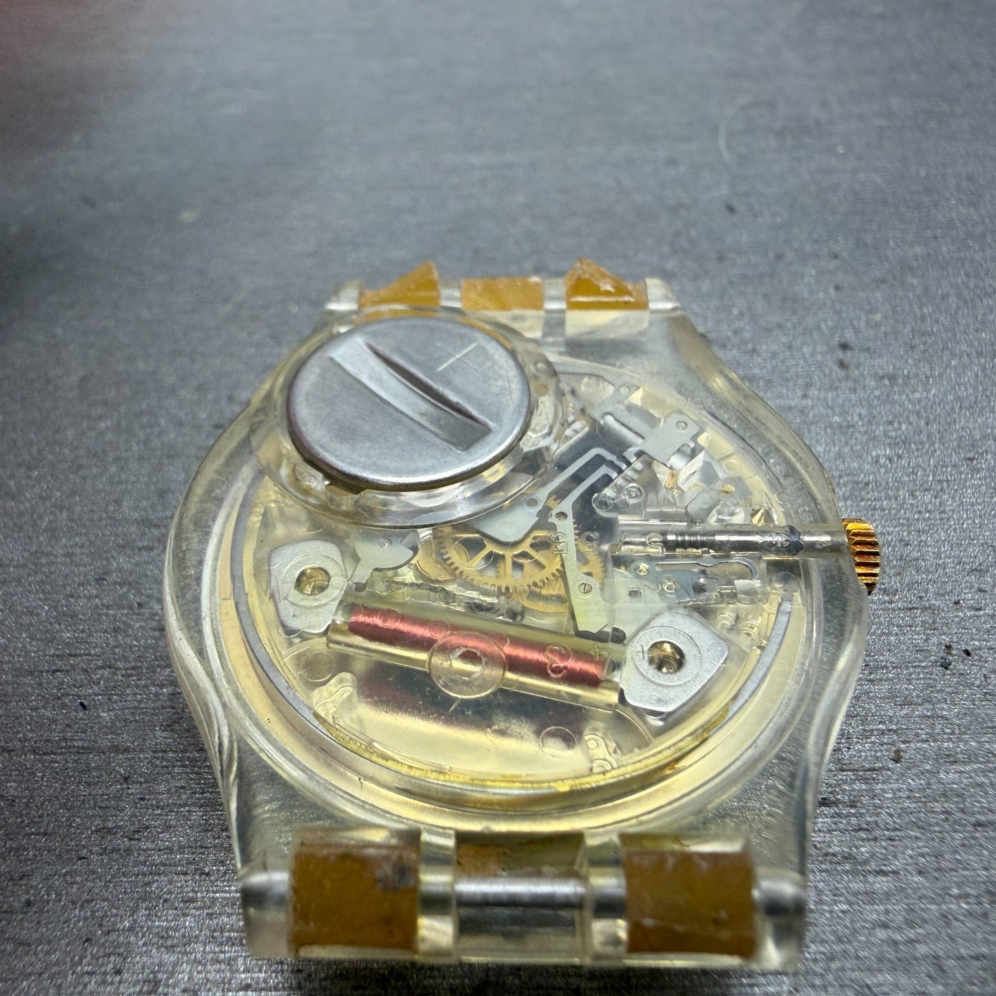 Swatch Olympics 1996 Watch Men 34mm Gold Dial Clear Round GZ136 New Battery 1239