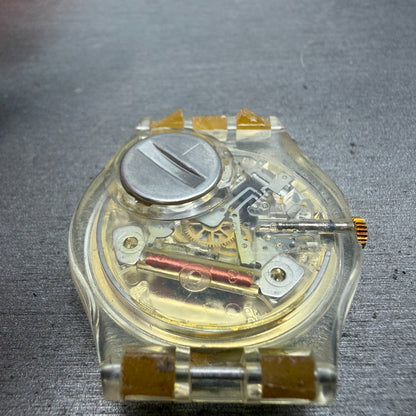 Swatch Olympics 1996 Watch Men 34mm Gold Dial Clear Round GZ136 New Battery 1239