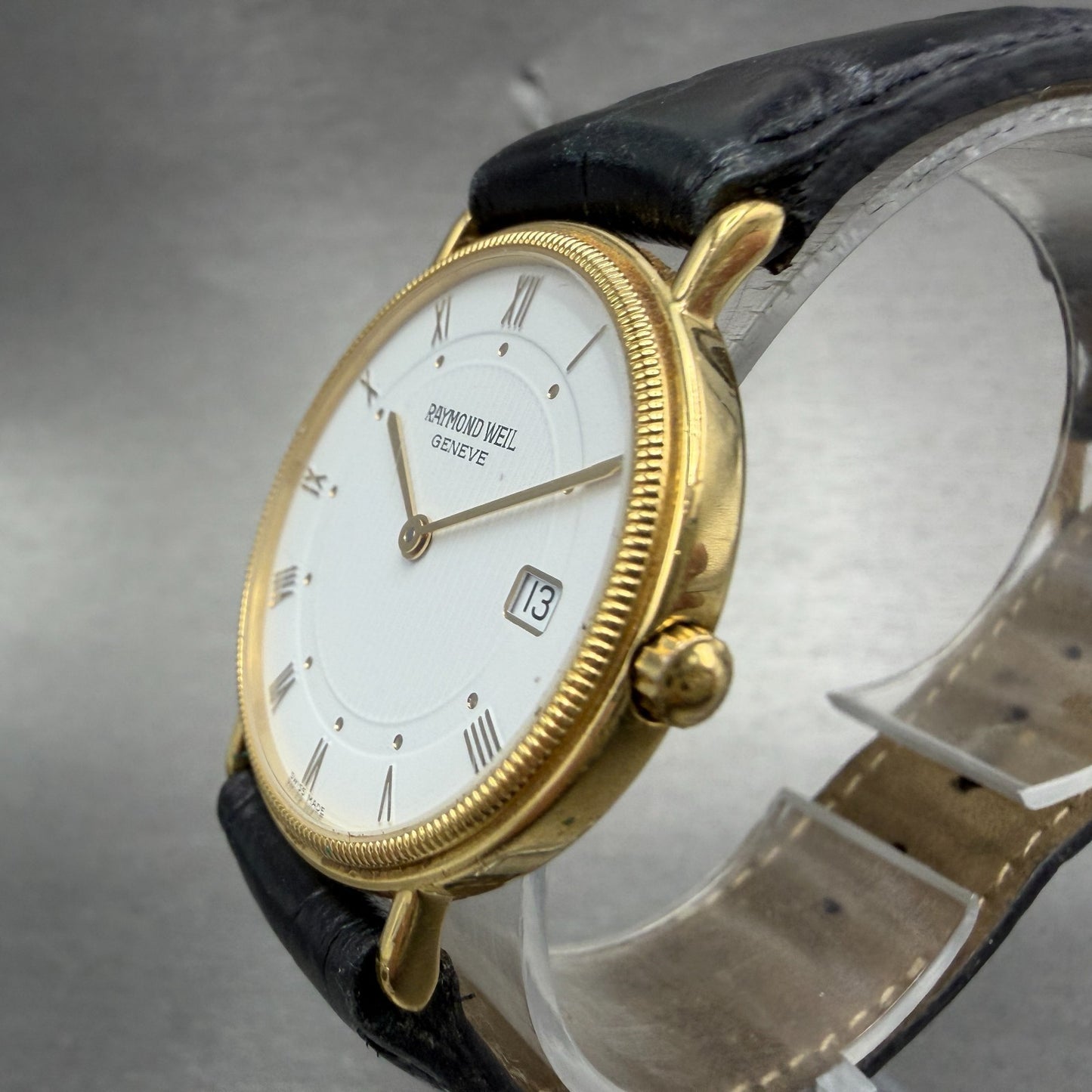 Raymond Weil Watch Men 32mm White Dial Gold Plated Date Round 5514-1 New Battery2