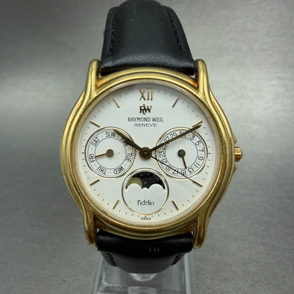 Raymond Weil Fidelio Moonphase Watch Men 33mm White Dial Gold Plated 2002 Newbat0