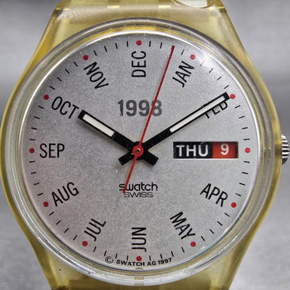 Swatch Gent CALENDARIUM Watch Men White Dial Clear Case Daydate GK726 New Batt1