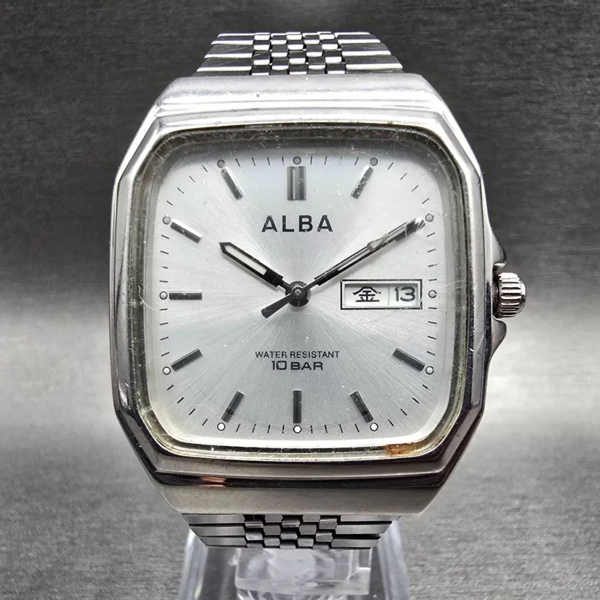 Seiko Alba Watch Men 32mm Silver Dial Silver Tone Daydate 7N33-K003 New Battery0