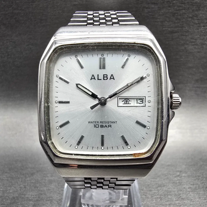 Seiko Alba Watch Men 32mm Silver Dial Silver Tone Daydate 7N33-K003 New Battery0