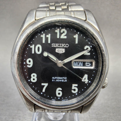 Seiko 5 Automatic Watch Men 37mm Black Dial Silver Tone Daydate 7s2601V0 Runs1