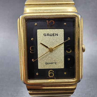 Gruen Tank Watch Women 27mm Gold Dial Gold Tone Rectangle New Battery1