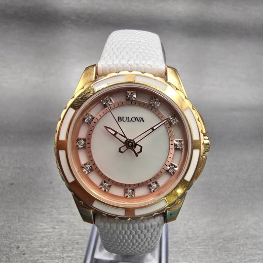 Bulova Watch Women 32mm MOP Dial Two Tone Diamonds Round 98P119 New Battery0