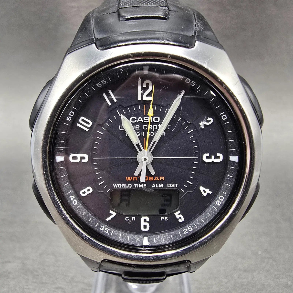 Casio Wave Ceptor WVA-430 Watch Men 43mm Black Dial Silver Analog Digi Solar JDM0