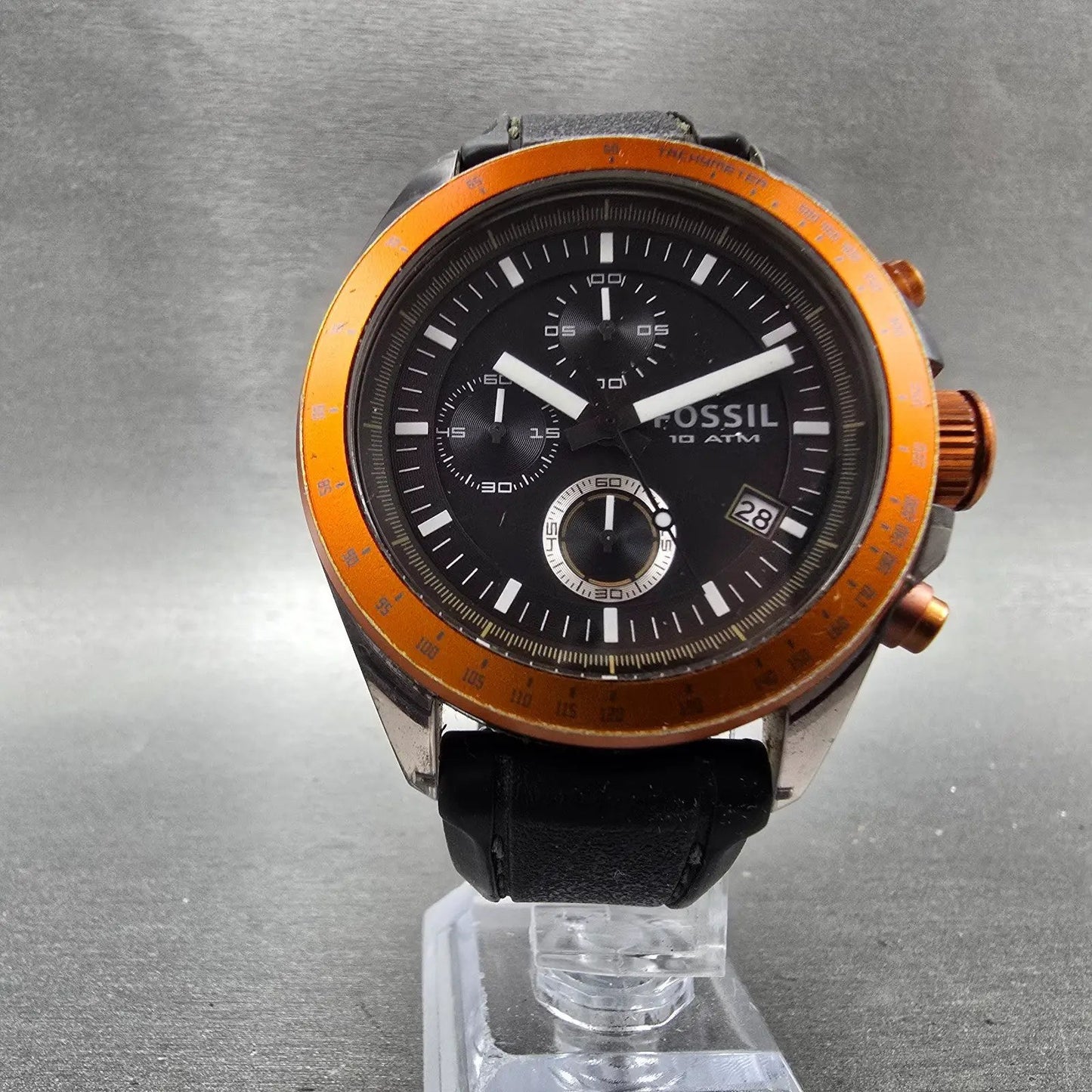 Fossil Chronograph Watch Men 43mm Black Dial Gray Tone Orange CH-2785 New Batt Q6