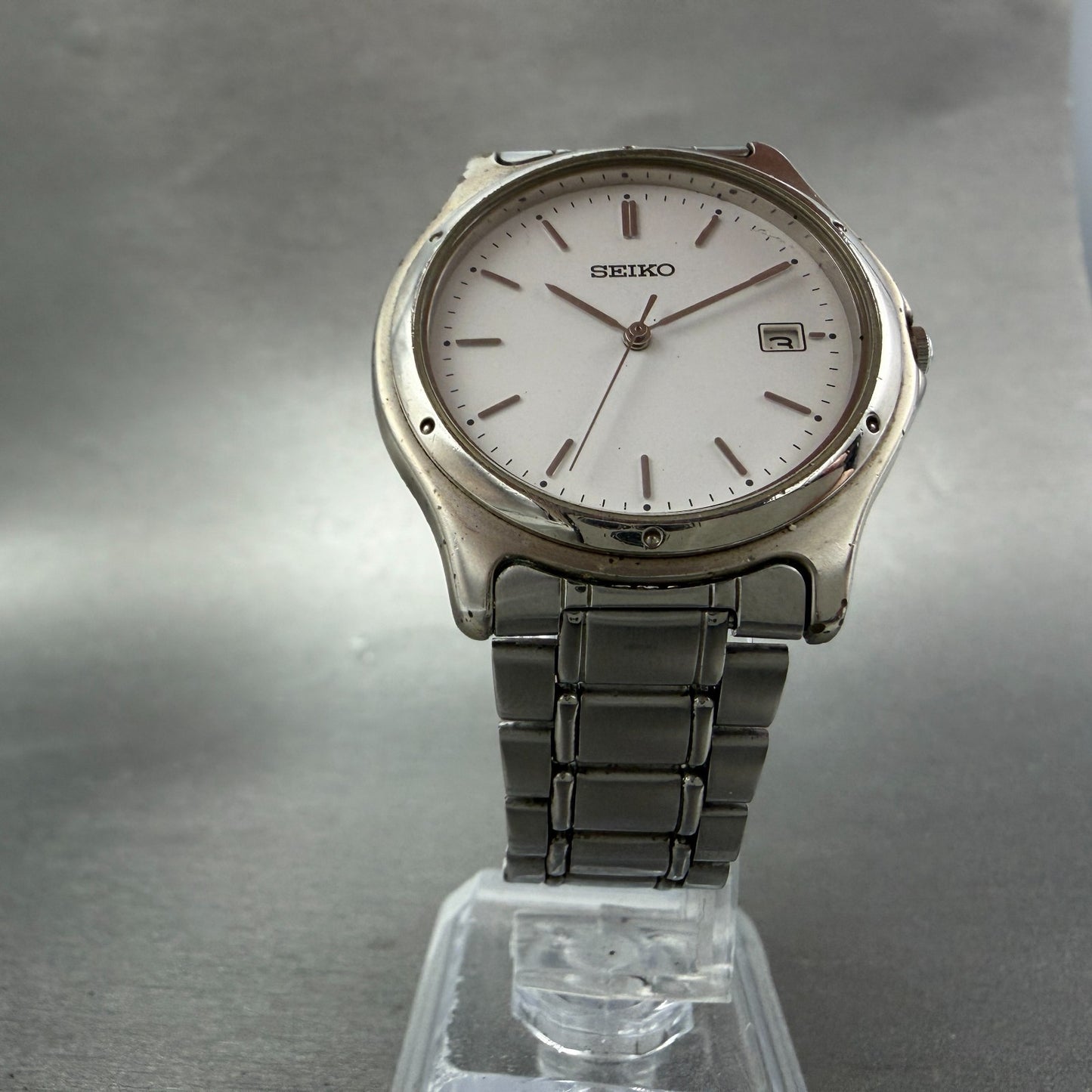 Seiko Watch Men 35mm White Dial Silver Tone Date Round 7N32-0150 New Battery5
