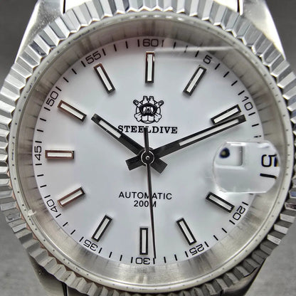 Steeldive Automatic Watch Men 39mm White Dial Stainless Steel Date Round Works1