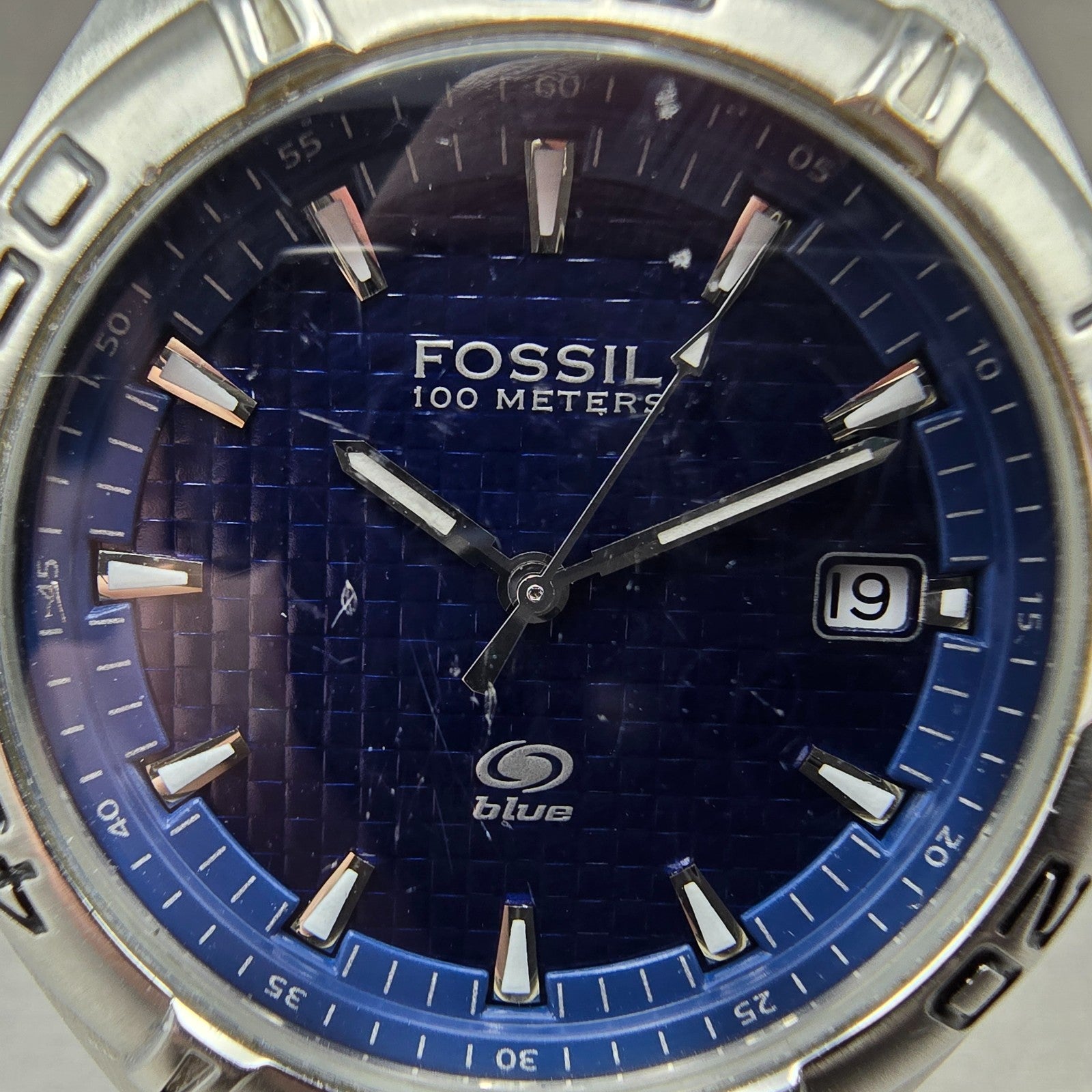 Fossil Blue Dive Watch Men 40mm Blue Dial Silver Tone Date AM-3685 New Battery1