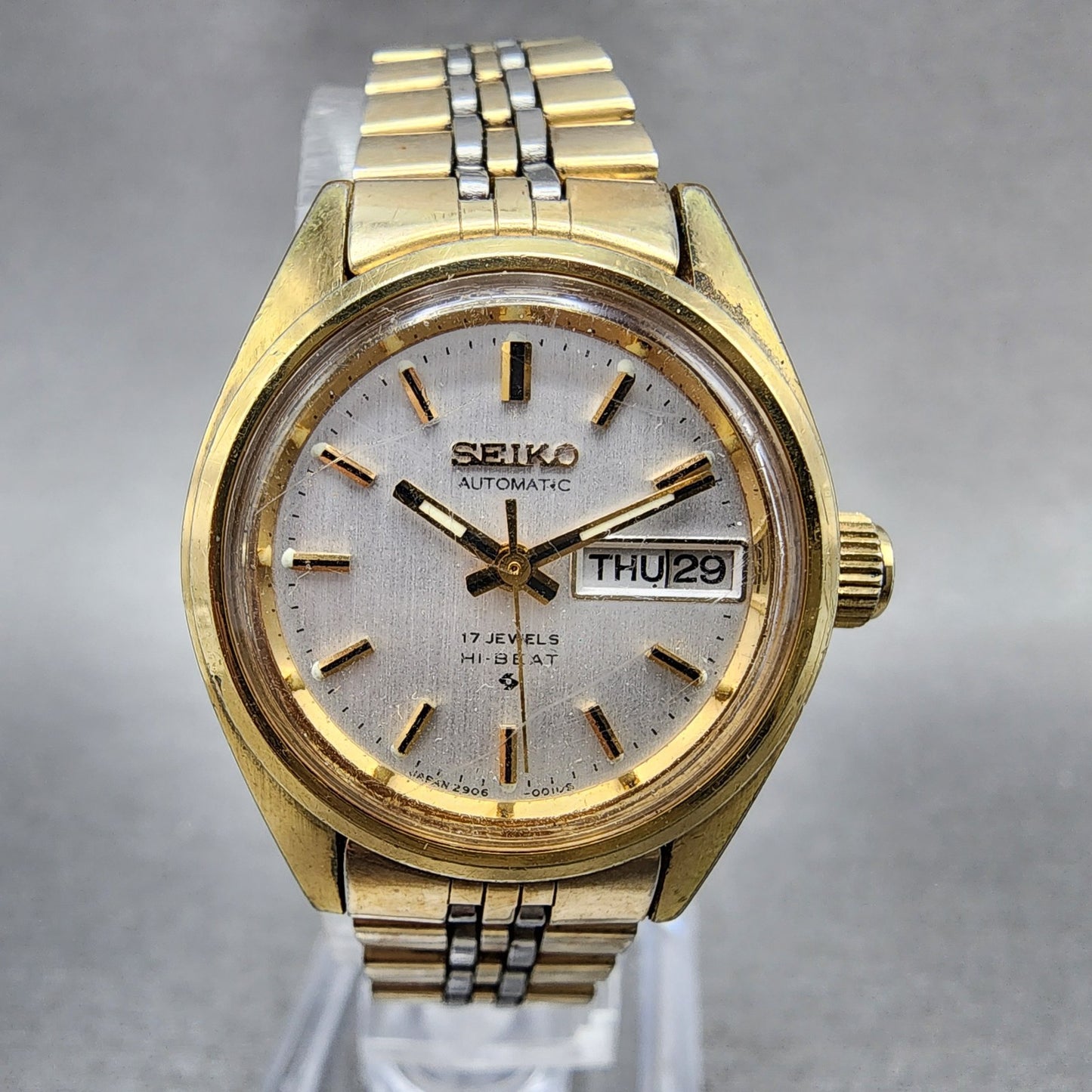 Seiko Automatic Watch Women 24mm Silver Dial Gold Plated Daydate Round Runs VTG0