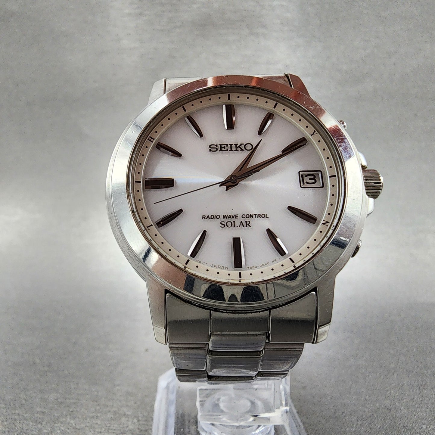 Seiko Solar Watch Men 38mm White Dial Silver Tone Date 7b52-0af0 Runs