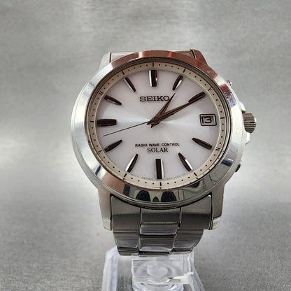 Seiko Solar Watch Men 38mm White Dial Silver Tone Date 7b52-0af0 Runs