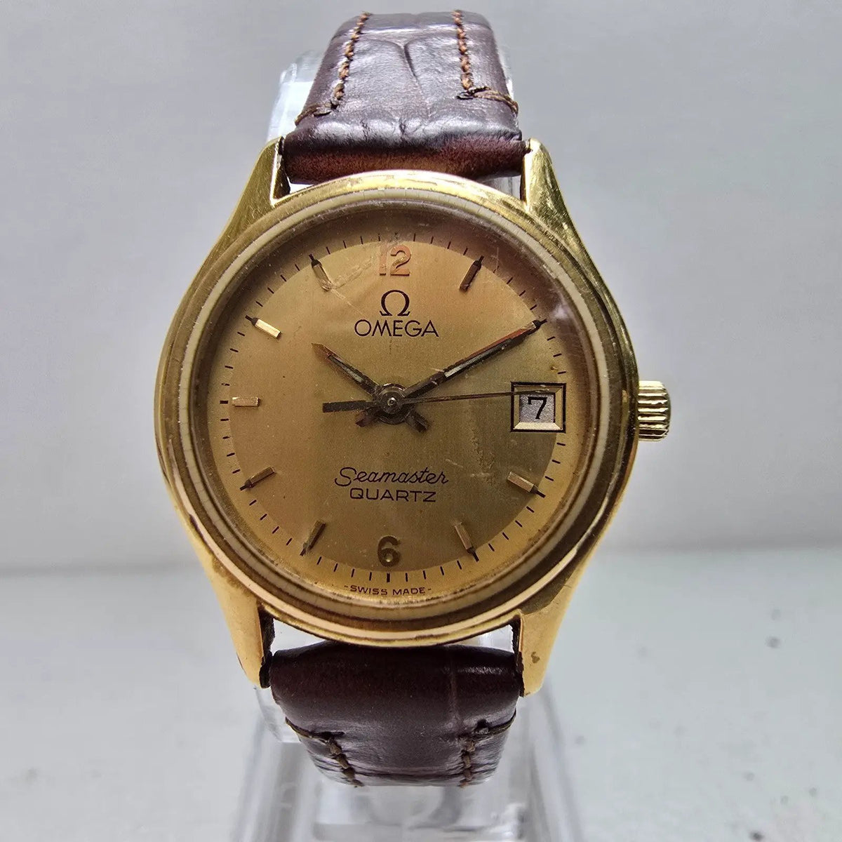 Omega Seamaster Watch Women 23mm Gold Dial Gold Tone Date Round 1380 New Battery2