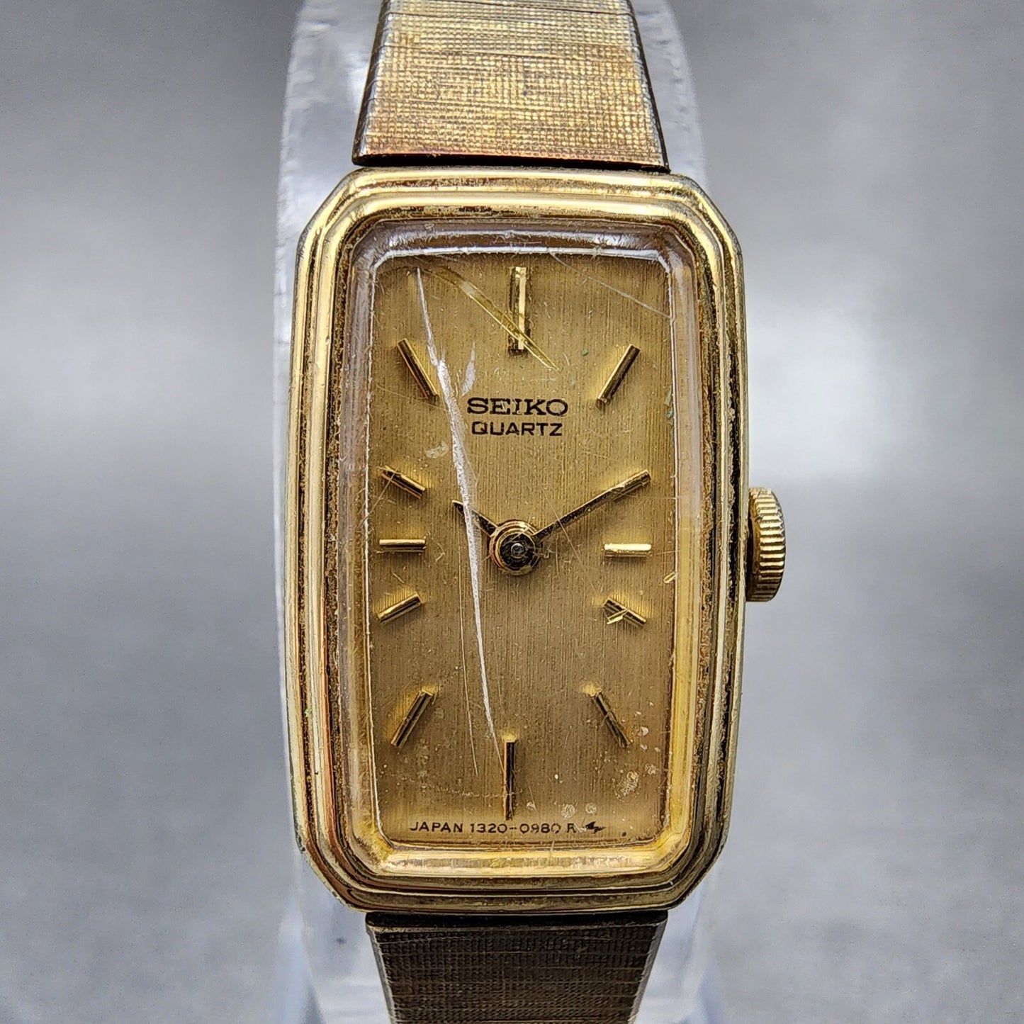 VTG Seiko Watch Women 13mm Gold Dial Gold Tone Rectangle 13205779 New Battery1