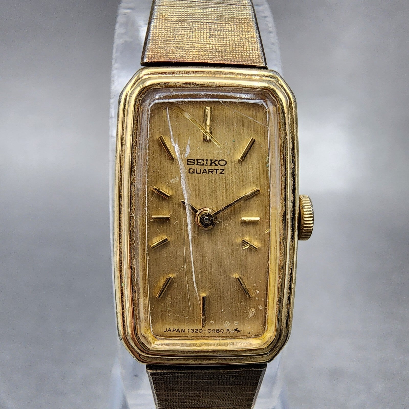 VTG Seiko Watch Women 13mm Gold Dial Gold Tone Rectangle 13205779 New Battery1