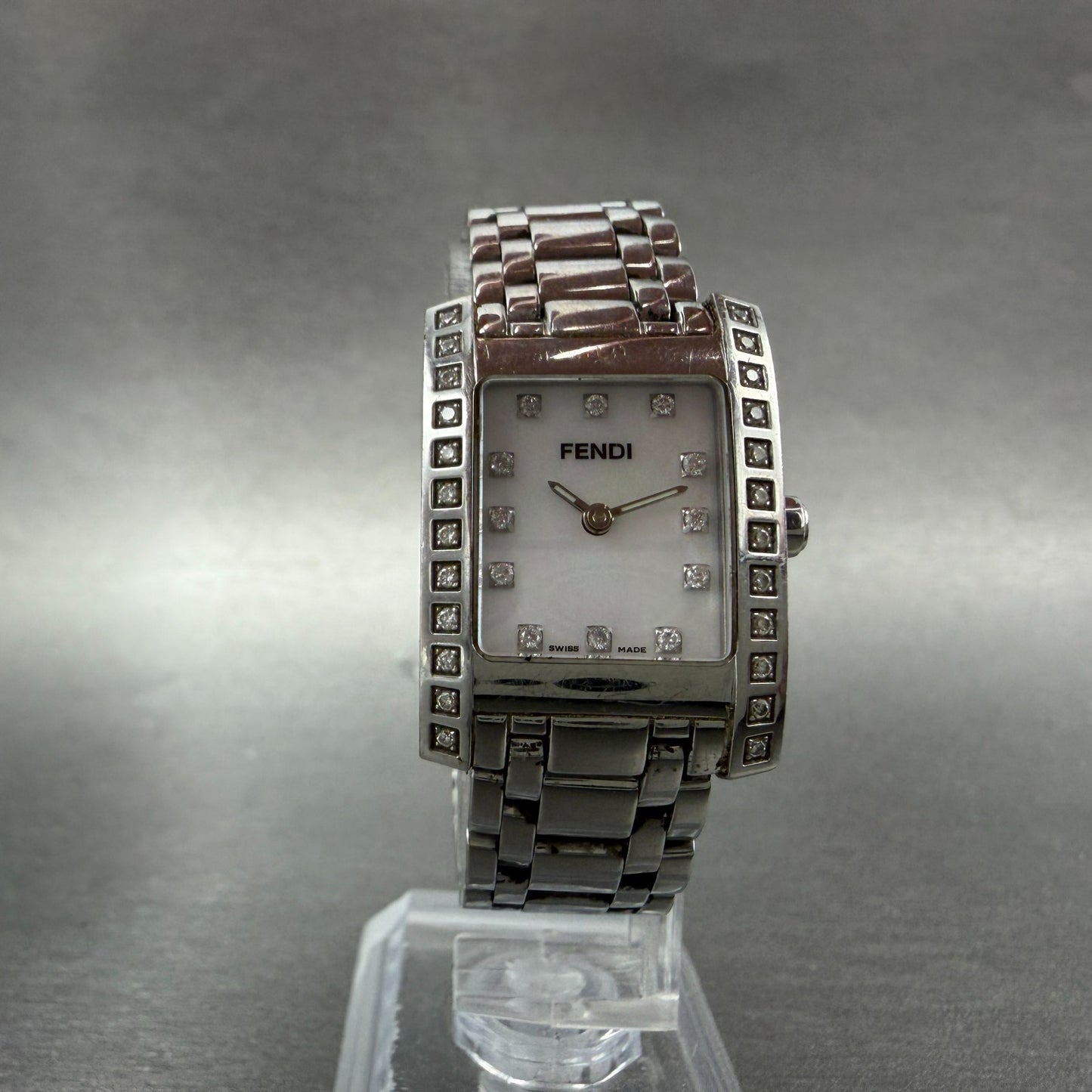 Fendi 7000L Tank Watch Women 21mm MOP Dial Steel Diamonds Rectangle New Battery5