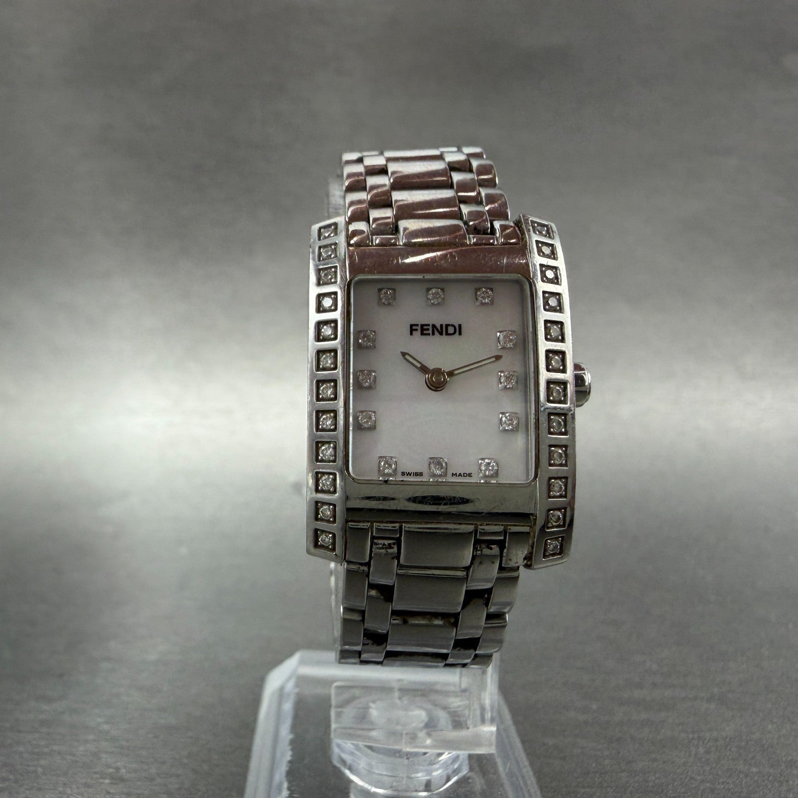 Fendi 7000L Tank Watch Women 21mm MOP Dial Steel Diamonds Rectangle New Battery5