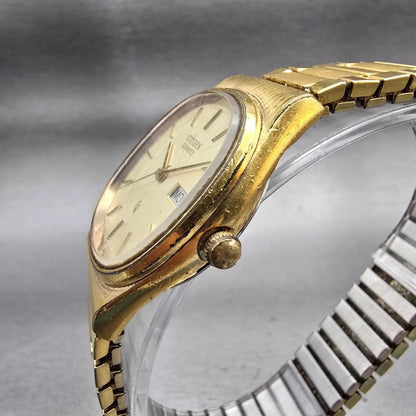 Citizen CQ Watch Men 31mm Champagne Dial Gold Tone Daydate 4-711521 New Battery2