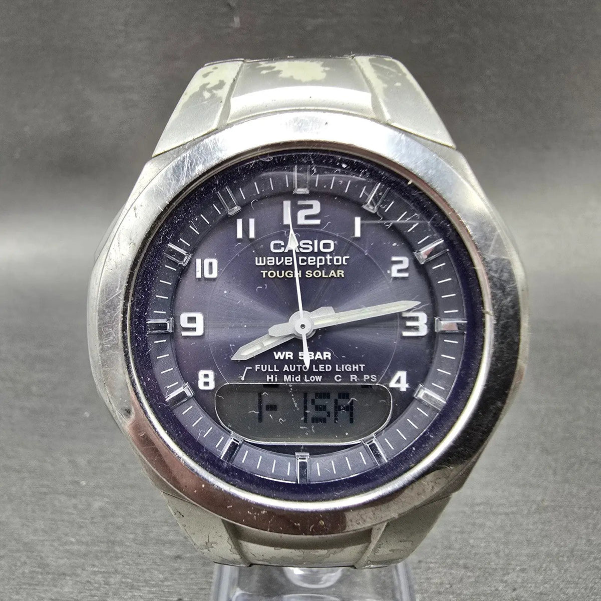 Casio WVA-400J Watch Men 42mm Blue Dial Silver Alarm Chrono Waveceptor PARTS0