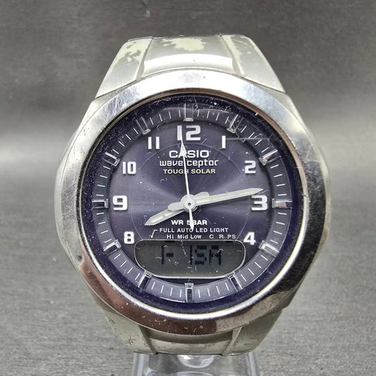 Casio WVA-400J Watch Men 42mm Blue Dial Silver Alarm Chrono Waveceptor PARTS0