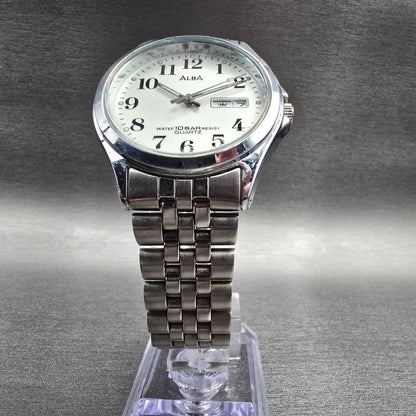 Seiko Alba Watch Men 34mm Silver Dial Silver Daydate Round V733-7A70 New Batt JP5